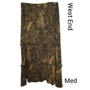 Women's Long Skirt M Ruffle Tiered Midi Black Brown Print Medium NWOT